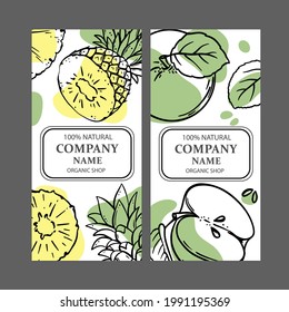 PINEAPPLE APPLE LABELS Design Of Stickers For Shop Of Tropical Organic Natural Fresh Juicy Fruits And Dessert Drinks In Sketch Style Vector Illustration Set