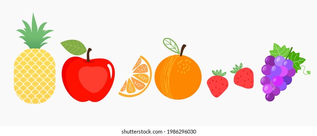 Pineapple, apple, orange fruit, strawberries and grapes icons isolated on white background vector illustration.