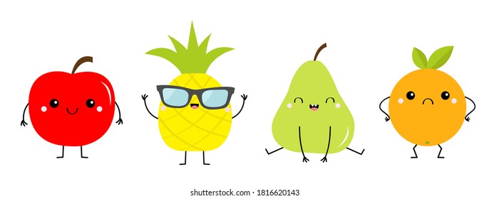 Pineapple apple pear orange fruit icon set line. Cute cartoon kawaii smiling funny baby character. Happy, sad, angry, smiling emotions. Hands, legs. Sunglasses. Flat design. White background. Vector