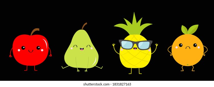 Pineapple apple pear orange fruit icon set line. Cute cartoon kawaii smiling funny baby character. Happy, sad, angry, smiling emotions. Hands, legs. Sunglasses. Flat design. Black background. Vector