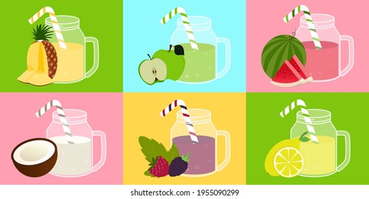 Pineapple, apple, watermelon, lemon, berry cocktail. Coconut milk. The juice is combined with fresh fruit. Summer background for banner, poster, template and label, packaging, and advertising