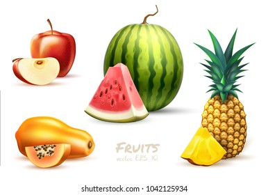 Pineapple apple watermelon papaya realistic fruit slice set. Vector illustration. 3d tropical exotic Juicy fresh food, vitamin healthy dieting. Ananas juice summer vacation organic isolated background