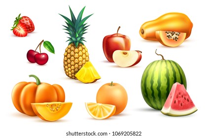 Pineapple apple watermelon papaya strawberry pumpkin orange cherry realistic fruit slice set. Vector illustration. 3d tropical exotic Juicy fresh food, vitamin healthy dieting. summer vacation