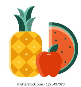 Pineapple, apple and watermelon vector illustration in flat color design