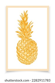 Pineapple artwork. Hand drawn sketchy white ananas on orange background. Sketch of vitamin summer dessert. 