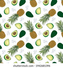 Vocado de piña, medio aguacate, flor de fruta. Patrón vectorial sin fisuras, impresión de piña, aguacate, flores, escalable a cualquier tamaño. Vector sobre fondo blanco para el diseño de cubiertas, tela, papel, etc.