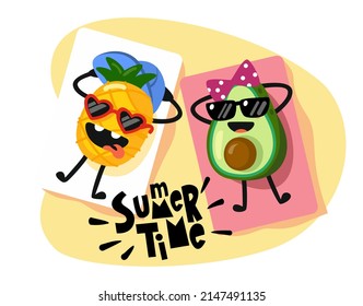 Pineapple and avocado on Beach vector. Characters relax