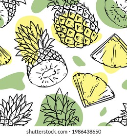 PINEAPPLE BACKDROP Abstract Delicious Juicy Fruit Whole And Cut In Half For Your Design Hand Drawn In Sketch Style Food Seamless Pattern Vector Illustration