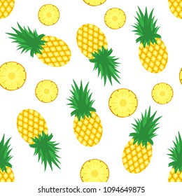 Pineapple background. Fresh pineapples and slices of pineapples on white background. Tropical fruit pattern. Vector illustration.