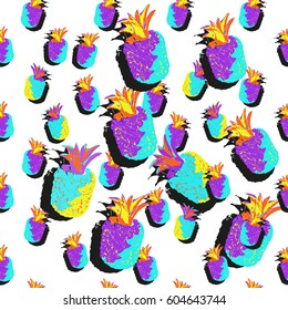 Pineapple background neon lights modern style seamless pattern. Bright color vector tropical fruits and vivid idea for exotic print on a zigzag ornament.