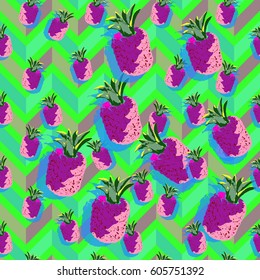 Pineapple background neon lights modern style seamless pattern. Bright color vector tropical fruits and vivid idea for exotic print on a green zigzag ornament.