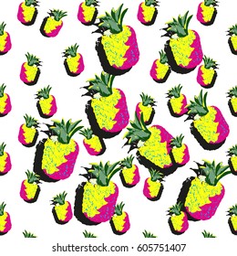 Pineapple background neon lights modern style seamless pattern. Bright color vector tropical fruits and vivid idea for exotic print on a white.