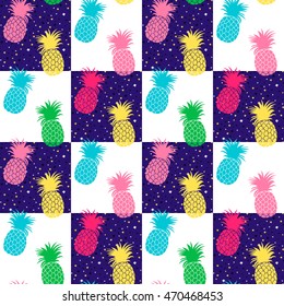 Pineapple background. Seamless pattern with colorful pineapples on a night sky with stars. Patchwork background.  All over print