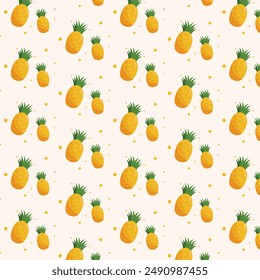 Pineapple background. Seamless pattern with yellow pineapple fruits on beige background. Vector illustration.