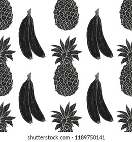 Pineapple, banana. Black silhouette on white background. Seamless, texture.