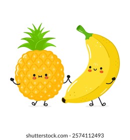 Pineapple and Banana with cute faces holding hands on white background