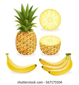 Ananas und Bananenobst.  Vektorgrafik.