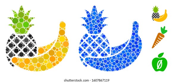 Pineapple and banana fruits composition of round dots in variable sizes and color tints, based on pineapple and banana fruits icon. Vector round dots are organized into blue collage.
