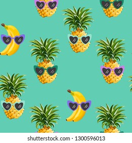 Pineapple and Banana funny Glasses seamless pattern for fashion print, summer texture, wallpaper, graphic design, tropical background, fruit illustration in vector