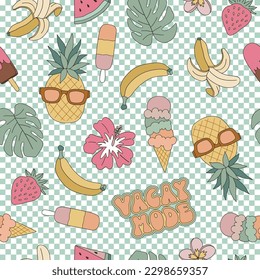 Pineapple, banana, monstera leaf, sunglasses, ice cream, watermelon, strawberry, hibiscus flower vector seamless pattern. Hawaii vacation background. Retro surface design for textile, scrap book 