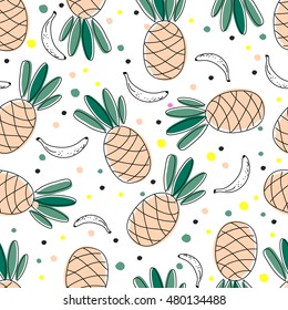 Pineapple and banana seamless pattern. Cute hand drawn pattern on white background. vector illustration. use for wallpaper, tile, textile, plaid, cover and other craft designer's projects