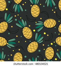 Pineapple and banana seamless pattern. Cute hand drawn pattern on black background. vector illustration. use for wallpaper, tile, textile, plaid, cover and other craft designer's projects