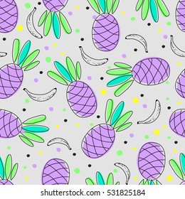 Pineapple and banana seamless pattern. Cute hand drawn fruits on grey background. vector illustration. use for wallpaper, tile, textile, plaid, cover and other craft designer's projects. summer print
