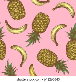 Pineapple and banana seamless pattern design. Decorative summer or natural fruit background.