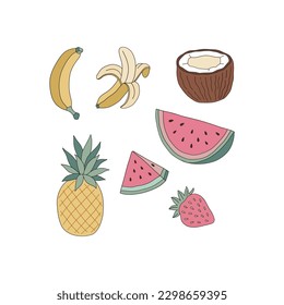 Pineapple, banana, watermelon, coconut, strawberry vector clip-art set isolated on white. Summer fruits illustration collection. Fruity groovy summer outline design element.