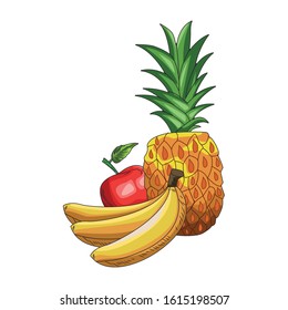 pineapple, bananas and apple icon over white background, vector illustration
