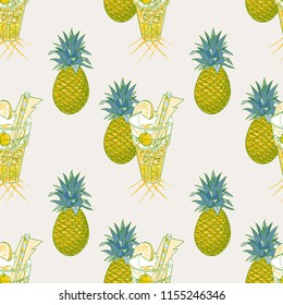 pineapple and beach cocktail seamless pattern