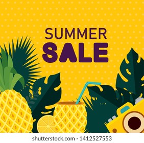 pineapple with beverage and camera with tropical leaves