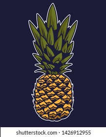 Pineapple big tasty summer tropical fruit vintage drawing vector illustration graphic style. Very healthy meal natural organic food.
