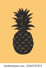 A pineapple. Black silhouette of a pineapple fruit isolated on a yellow-orange background. Vector illustration for print, fabric, logo, tattoo.