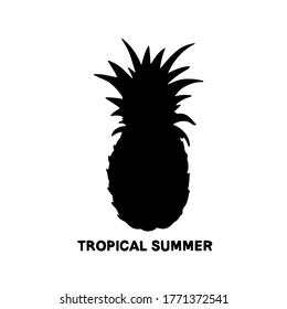 Pineapple black silhouette, icon. Tropical fruit isolated on white background hand drawn. Handwritten font tropical summer