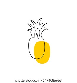 Pineapple in black single one line art with spot. Tropical exotic fruit logo concept design in continuous contour drawing style. Sweet organic dessert silhouette hand drawn flat vector illustration