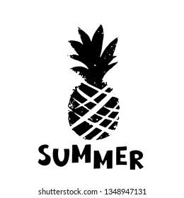 Pineapple black sketch hand drawn icon. Isolated on white background. Handwriting word summer