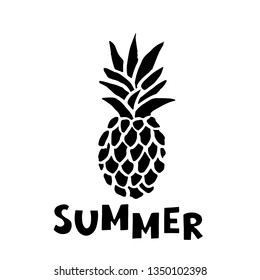 Pineapple black sketch hand drawn icon. Isolated on white background. Handwriting word summer