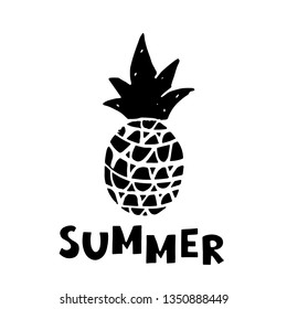 Pineapple black sketch hand drawn icon. Isolated on white background. Handwriting word summer