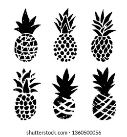 Pineapple black sketch hand drawn icons set. Isolated on white background 