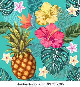 Pineapple and blooming hibiscus flowers. Vector seamless pattern with hand drawn illustrations with floral and tropical theme
