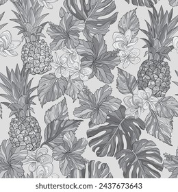 Pineapple and blooming hibiscus flowers. Vector seamless monochrome pattern with hand drawn floral tropical theme