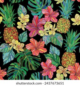 Pineapple and blooming hibiscus flowers. Vector seamless pattern with hand drawn floral tropical theme