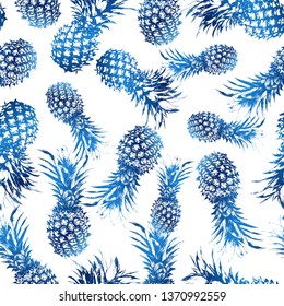 Pineapple blue on a white background. Sketch tropical fruit. Seamless pattern