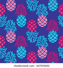 Pineapple blue and pink bright seamless vector pattern.