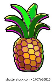 Pineapple - bright multi-colored tropical fruit - vector full color picture. Stylish shiny feshin pineapple for summer prints. Juicy sweet cool pineapple.