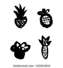 Pineapple brush draw set on white background vector illustration hand draw desing 