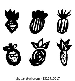 Pineapple brush draw set on white background vector illustration hand draw desing 