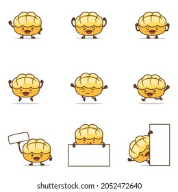 pineapple bun cartoon, Hong Kong style bread vector illustration, with happy facial expressions and different poses, isolated on a white background