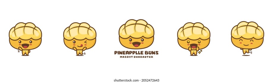 pineapple bun cartoon mascot, Hong Kong style bread vector illustration, with different facial expressions and poses, isolated on white background